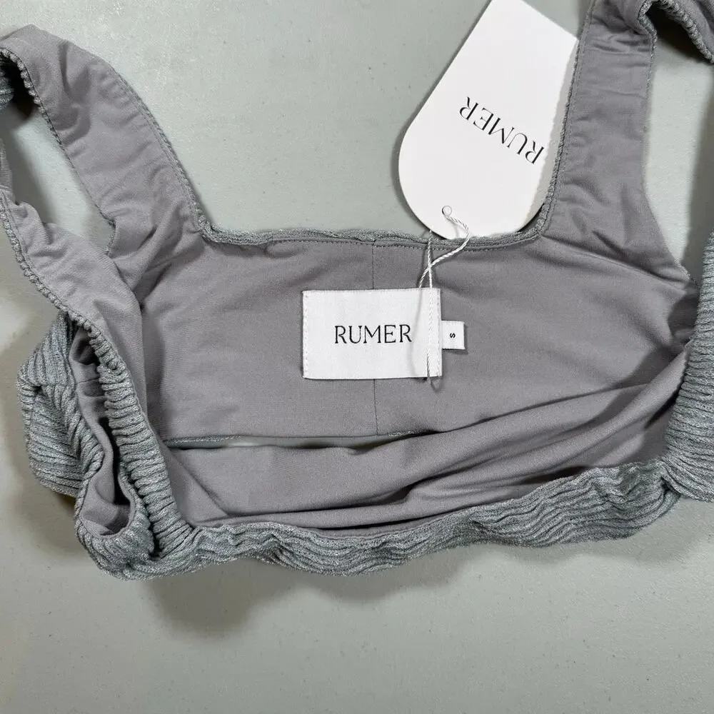 NWT RUMER The Label 3 Piece Bikini Set Gray Ribbed Fabric Size Small
